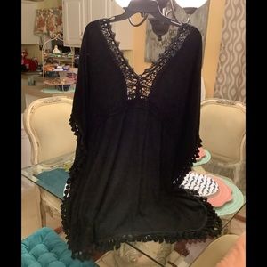 Blue Island Beach Coverup solid black with tassels Embroidery size mediu…